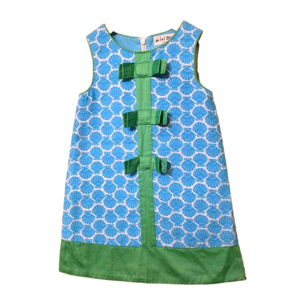 Girl’s Mini Boden Seashell Print Shift Dress Size 3-4Y Sleeveless Blue Green
